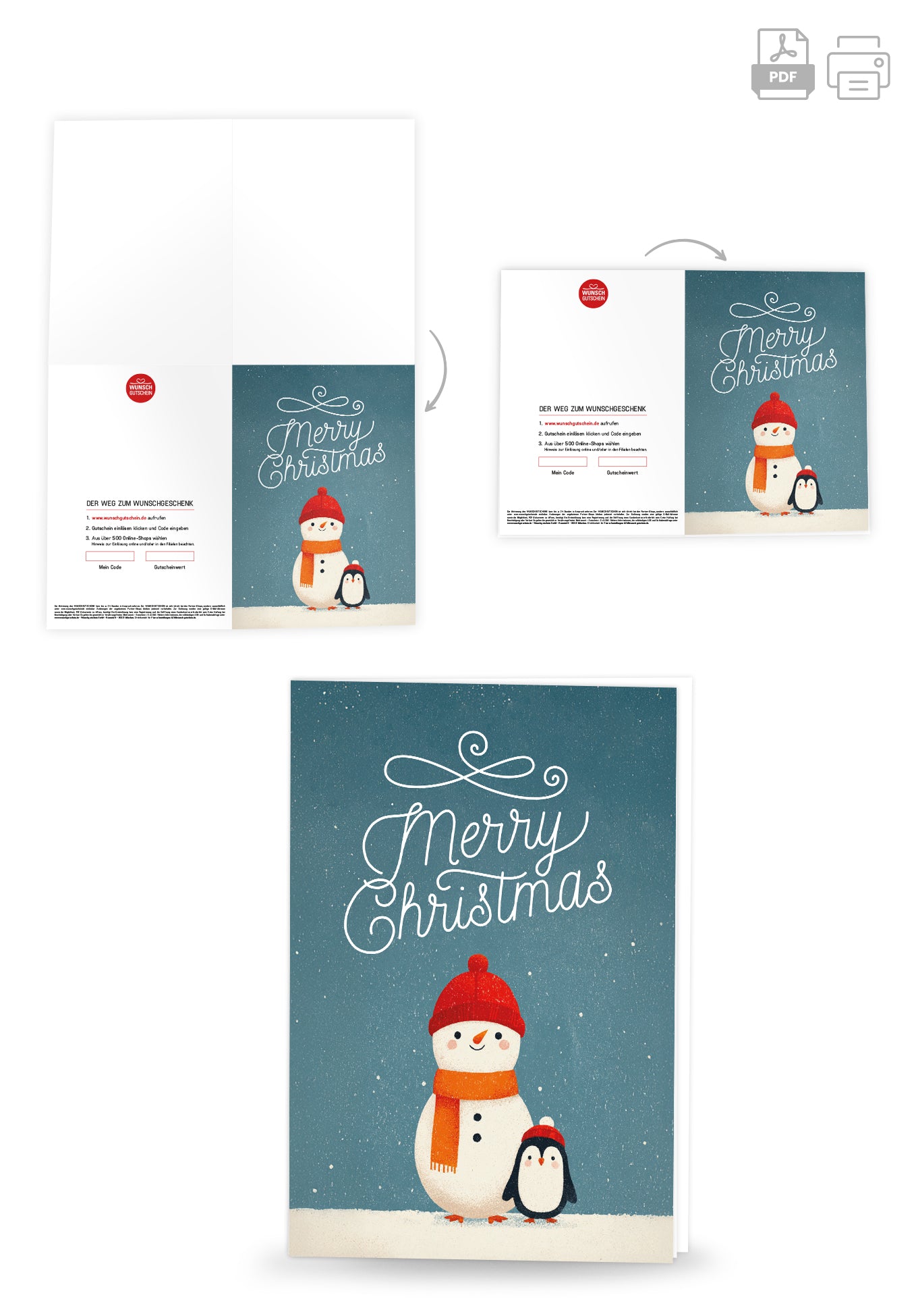 Wunschgutschein Merry Christmas - Schneemann und Pinguin PDF – Geschenkgutschein Ansicht 4