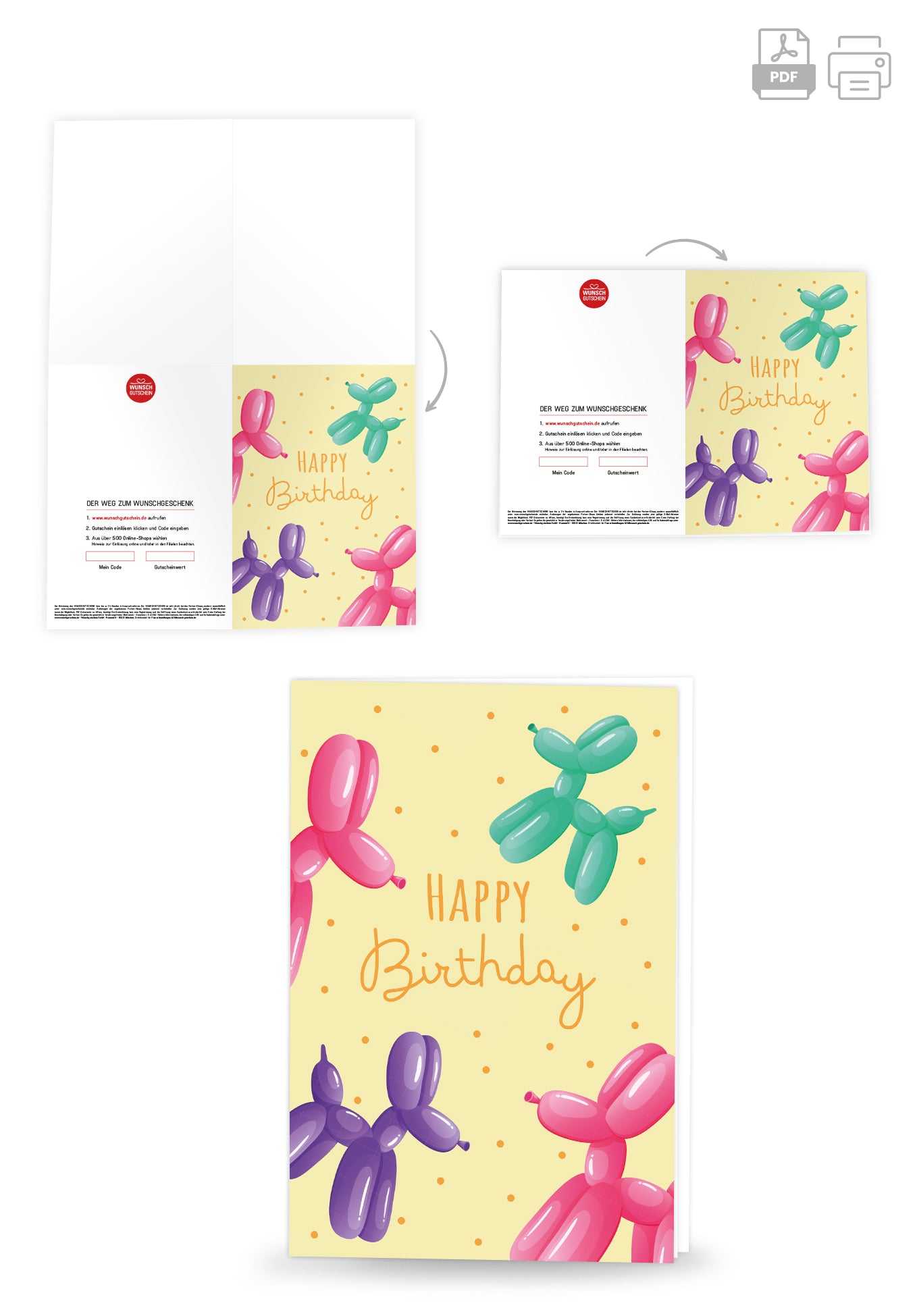 Wunschgutschein Happy Birthday - Ballonhunde Gelb – Geschenkgutschein Ansicht 4