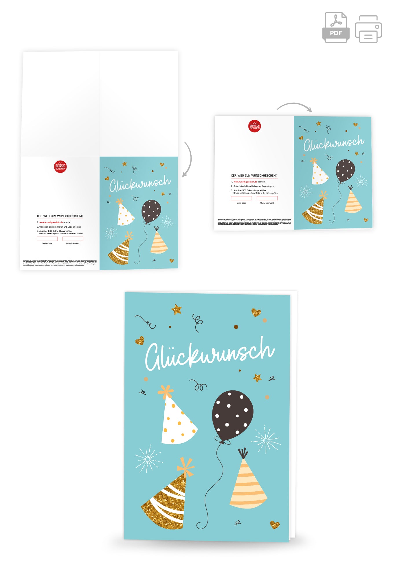 Wunschgutschein Glückwunsch - Ballons und Hüte Blau – Geschenkgutschein Ansicht 4