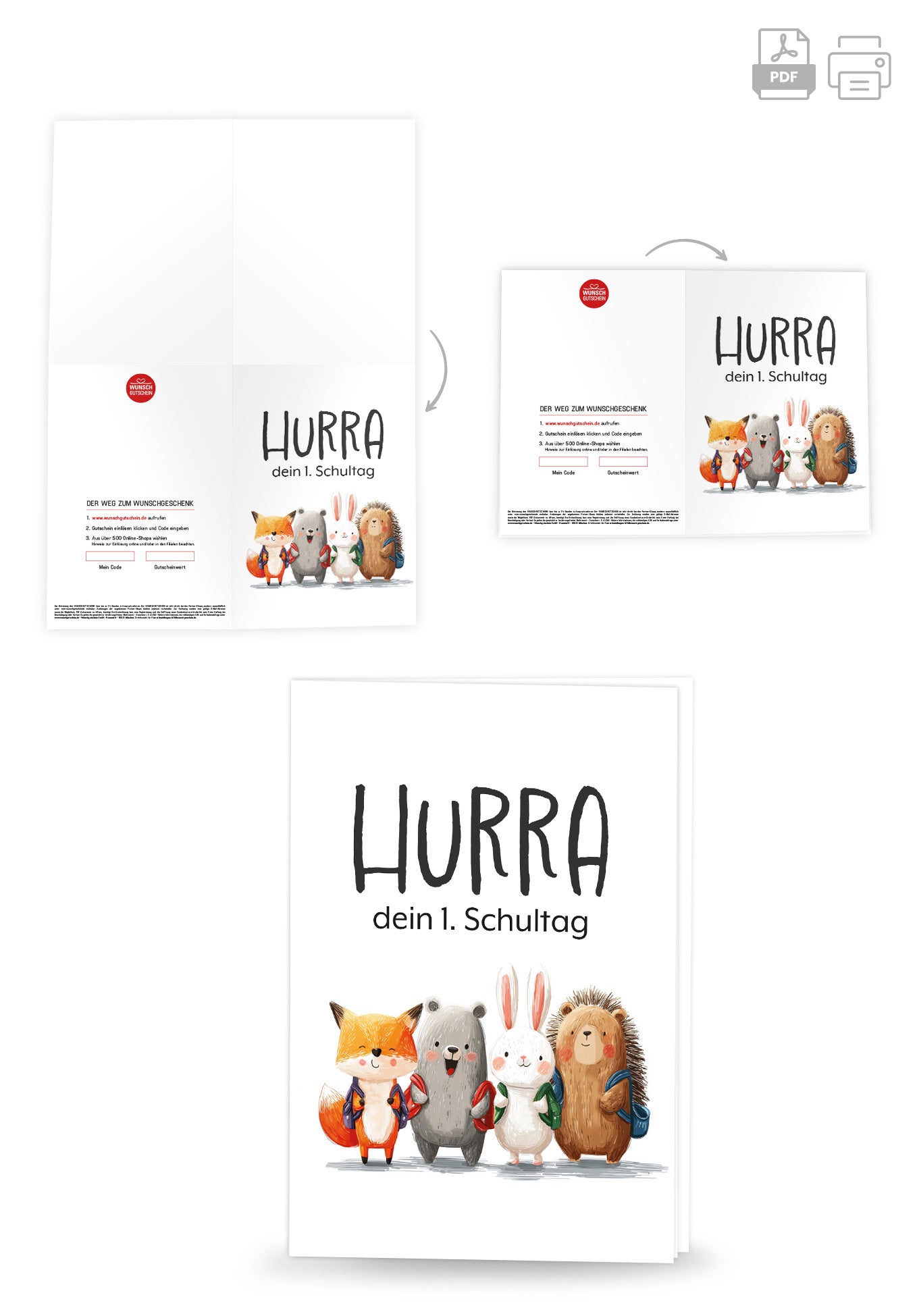 Wunschgutschein Hurra erster Schultag - Tierkinder PDF – Geschenkgutschein Ansicht 4