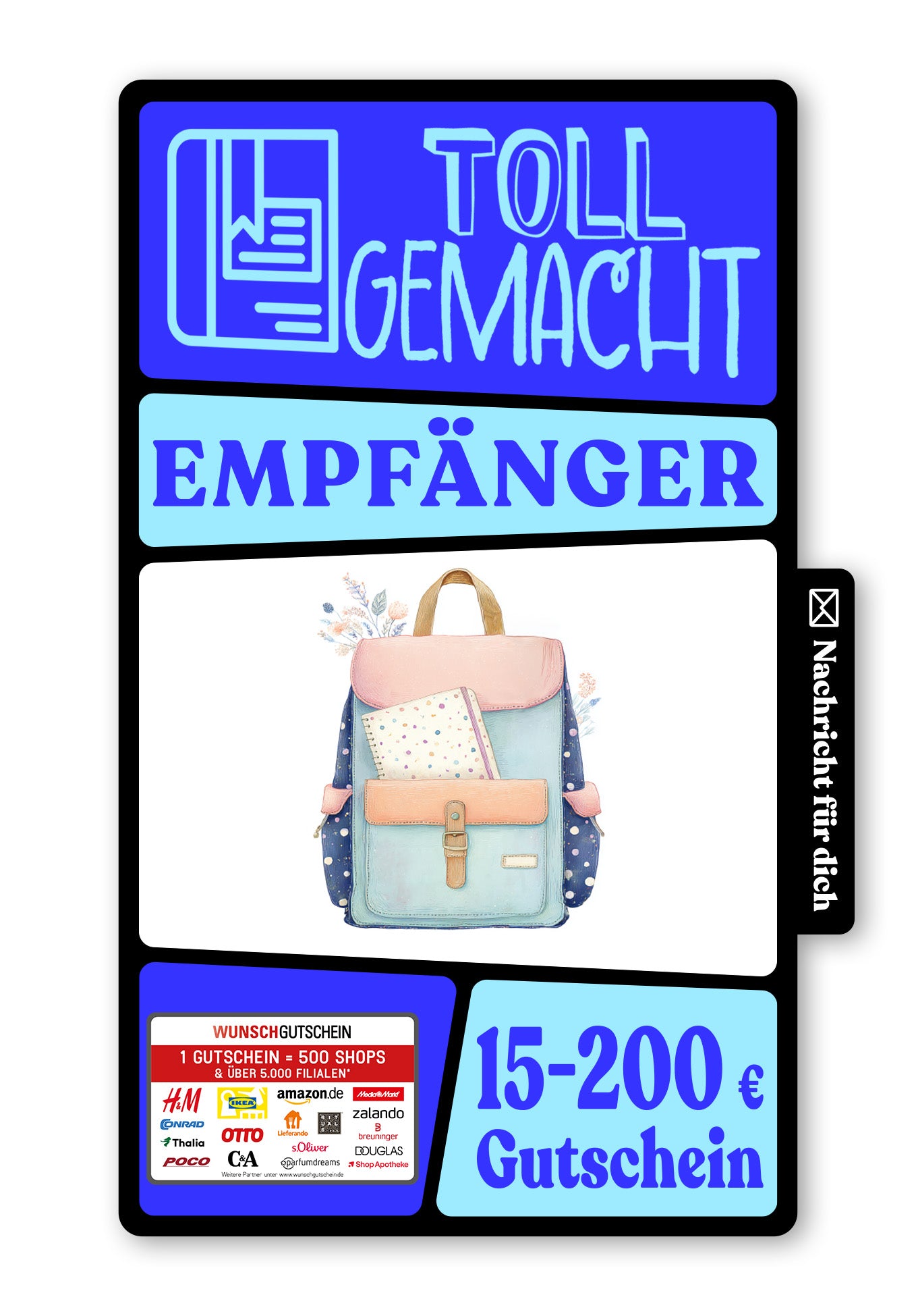 Wunschgutschein Digital - Hurra erster Schultag - Rucksack – Geschenkgutschein Ansicht 1