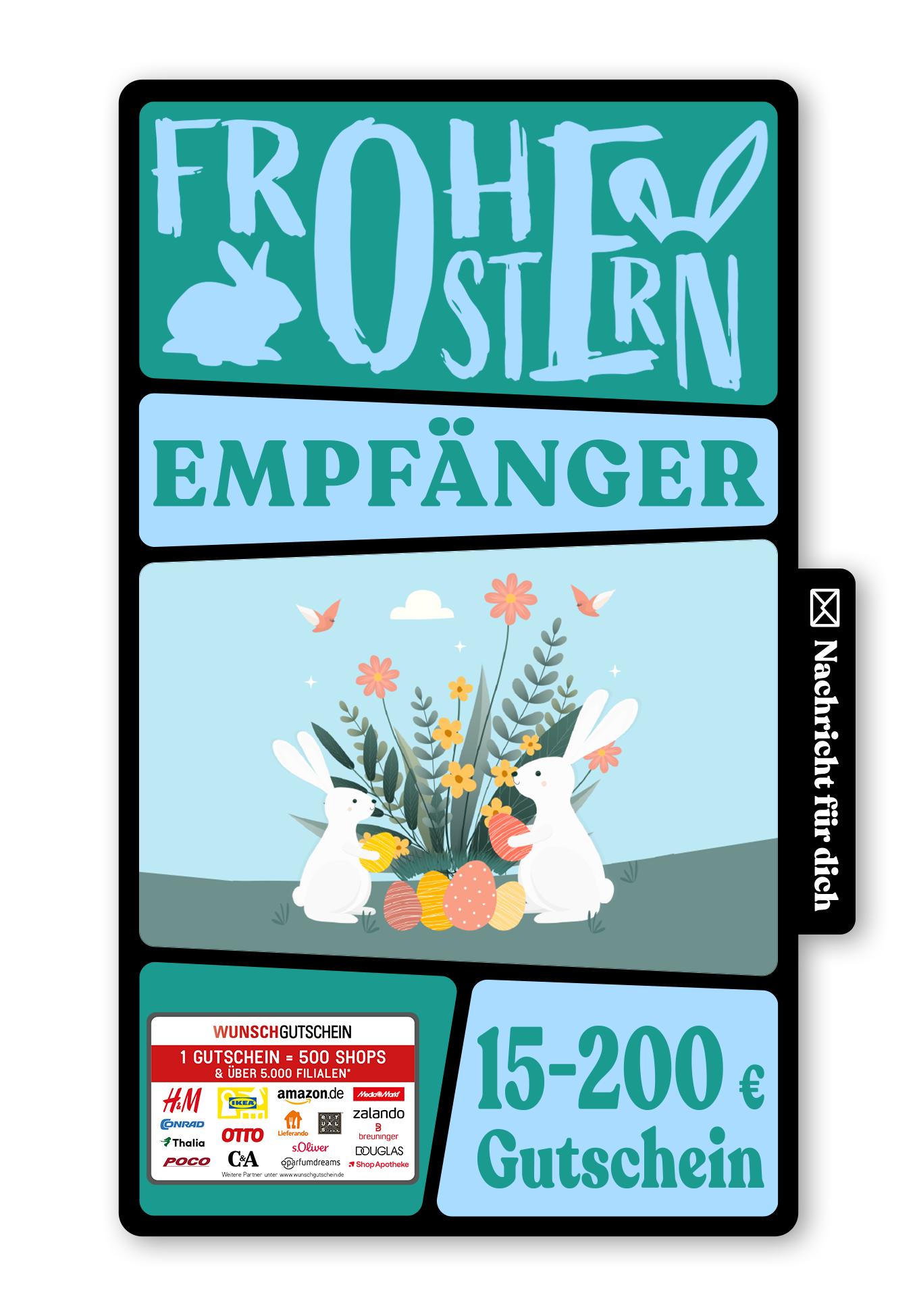 Wunschgutschein Digital - Grüße vom Osterhasen - Hase und Blumen – Geschenkgutschein Ansicht 1