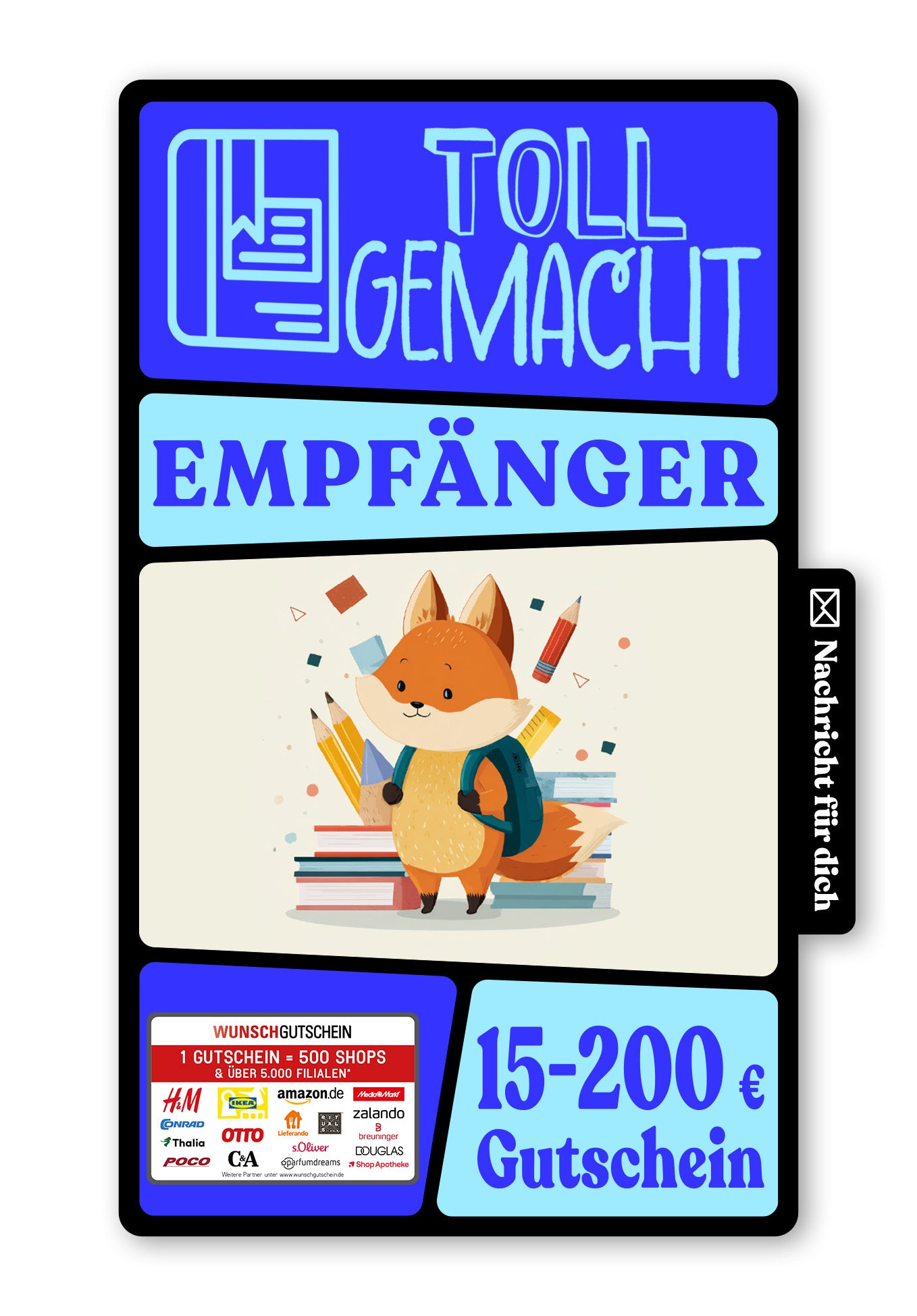 Wunschgutschein Digital - Hurra Schulkind - Fuchs – Geschenkgutschein Ansicht 1