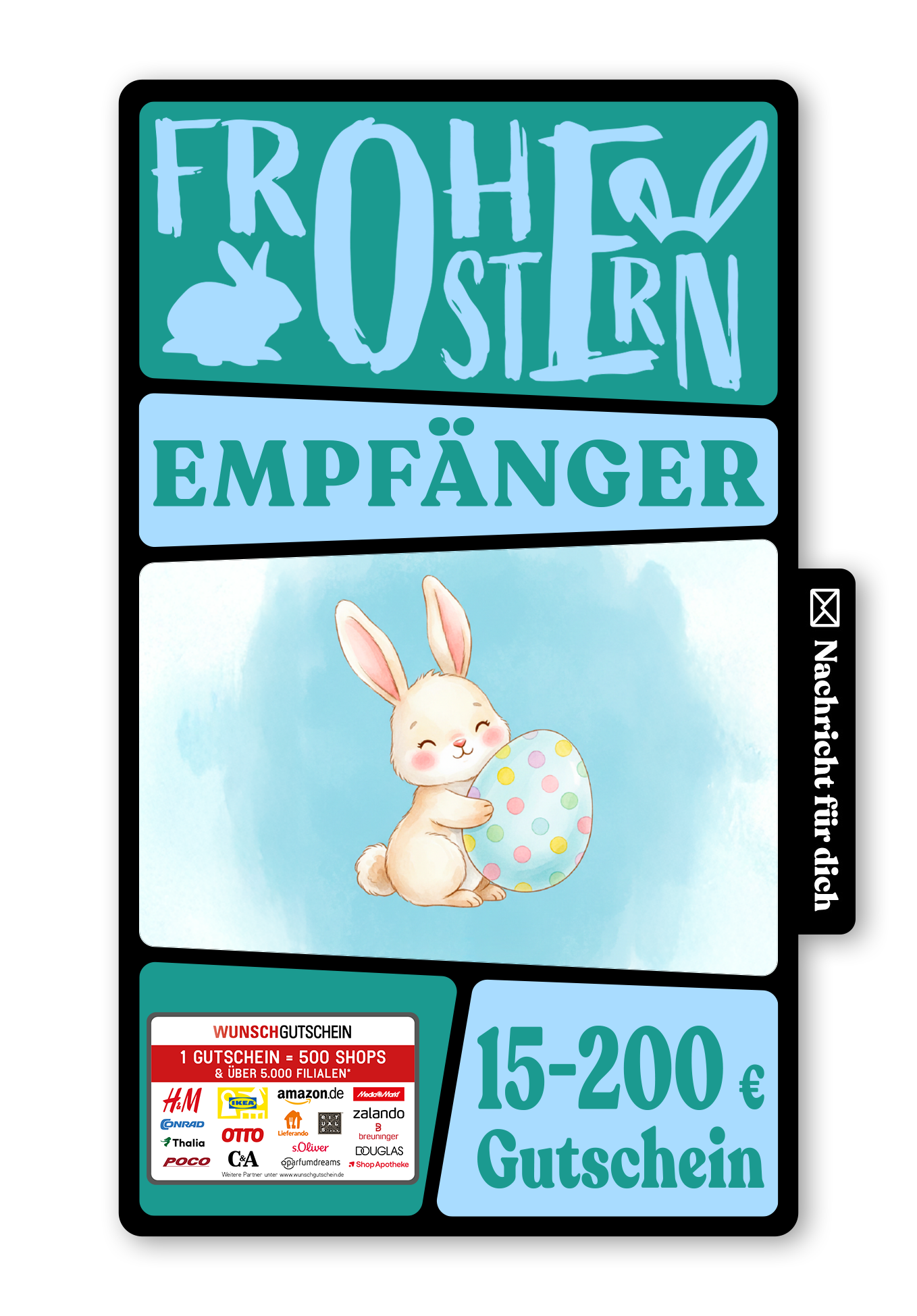 Wunschgutschein Digital - Frohe Ostern - Hase mit Ei Blau – Geschenkgutschein Ansicht 1
