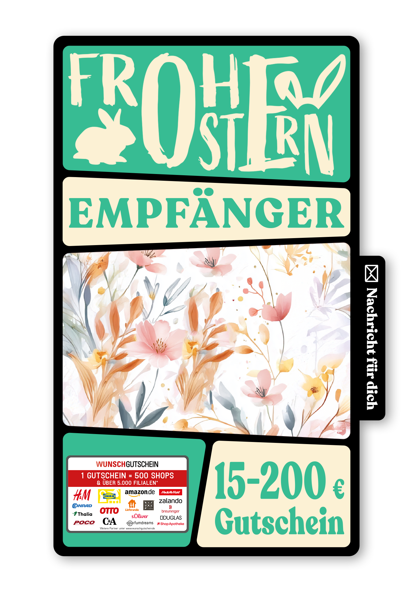 Wunschgutschein Digital - Frohes Osterfest - Aquarellblumen Rosa – Geschenkgutschein Ansicht 1
