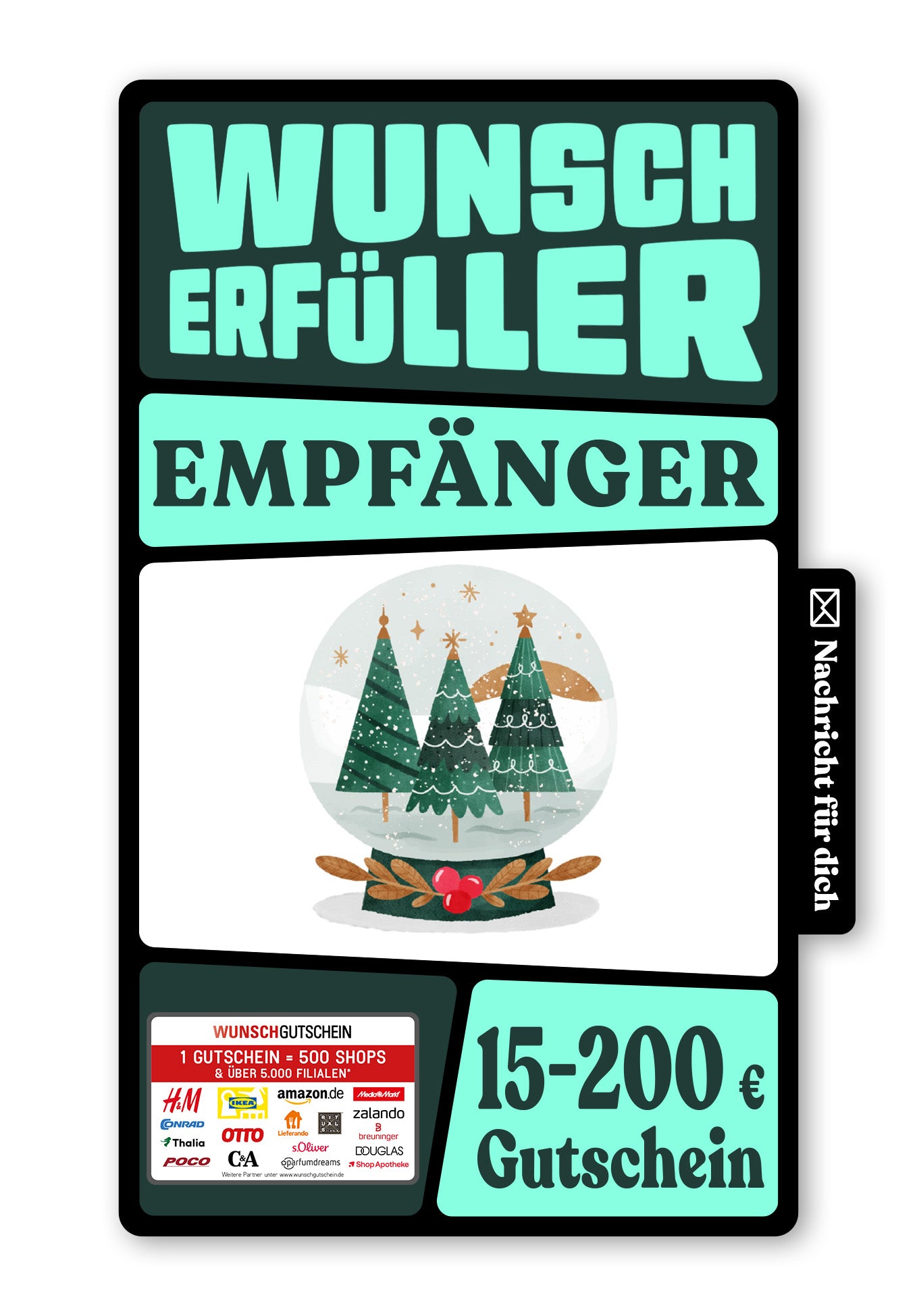 Wunschgutschein Digital - Frohe Weihnachten - Schneekugel Bäume – Geschenkgutschein Ansicht 1