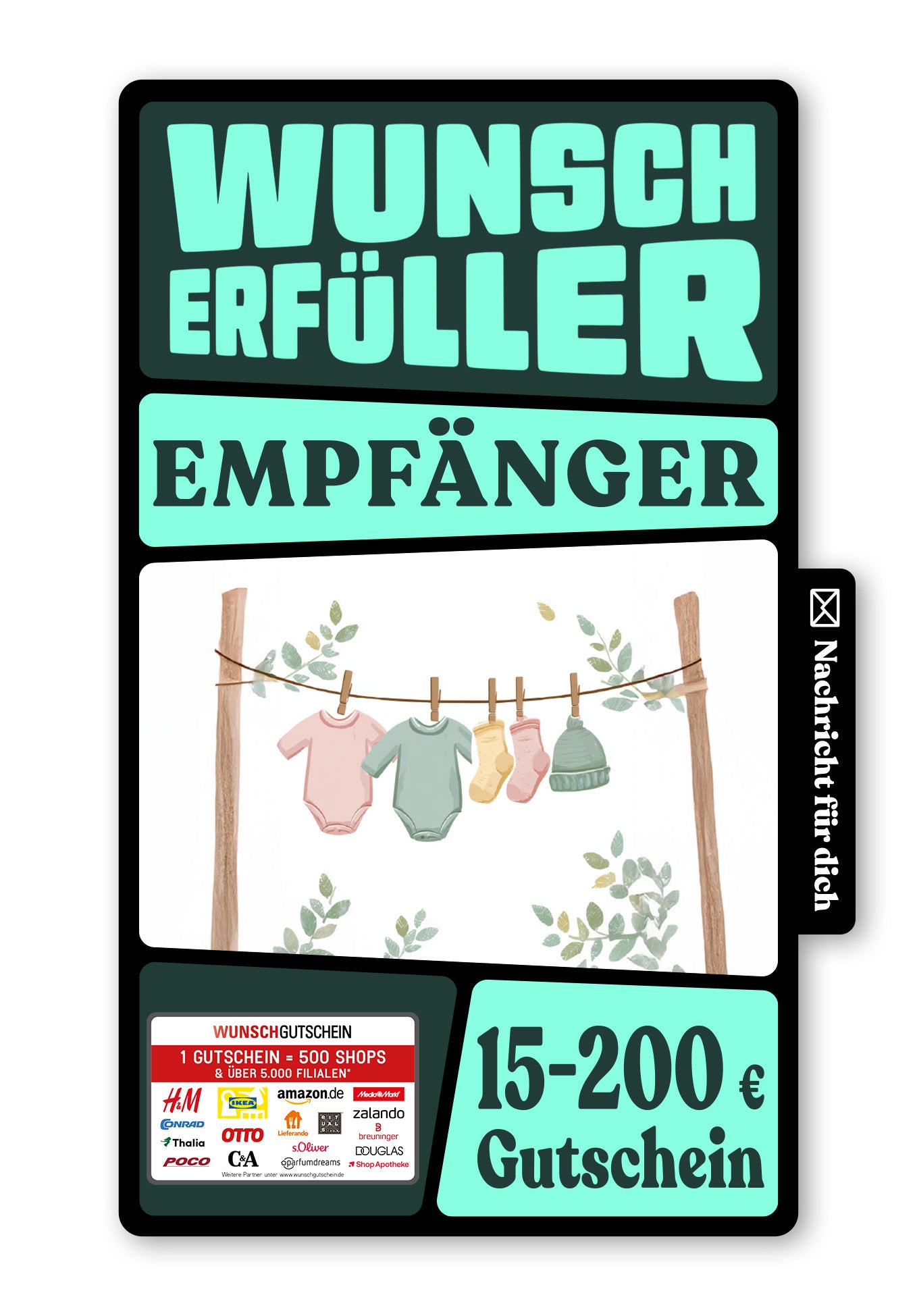 Wunschgutschein Digital - Willkommen kleines Baby - Wäscheleine Grün – Geschenkgutschein Ansicht 1