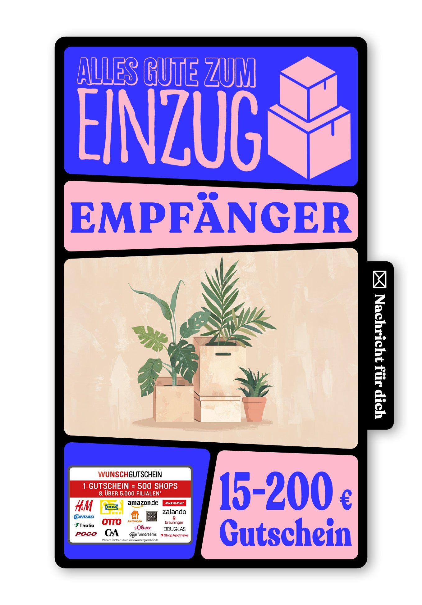 Wunschgutschein Digital - Glückwunsch zur neuen Wohnung - Kartons und Pflanzen – Geschenkgutschein Ansicht 1