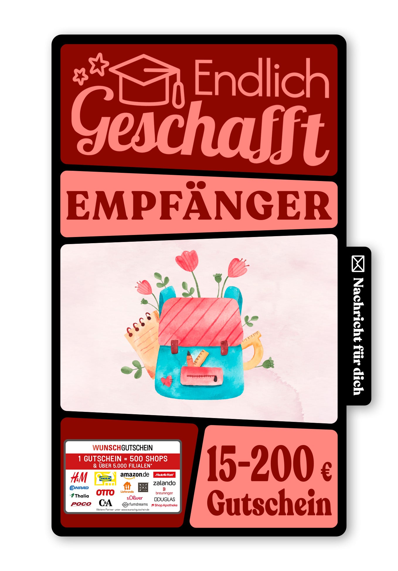 Wunschgutschein Digital - Glückwunsch Schulanfang - Rucksack mit Blumen – Geschenkgutschein Ansicht 1