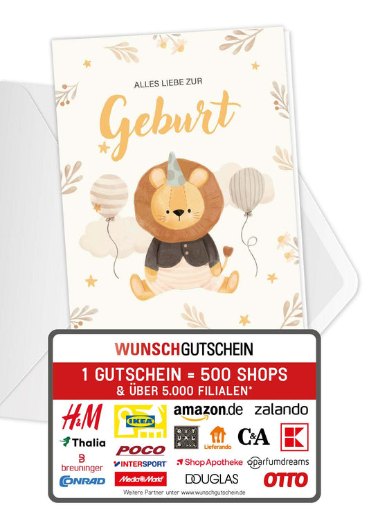 Wunschgutschein Alles Liebe zur Geburt - Löwe Beige – Geschenkgutschein Ansicht 1