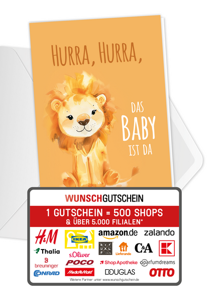 Wunschgutschein Hurra das Baby ist da - Löwe – Geschenkgutschein Ansicht 1