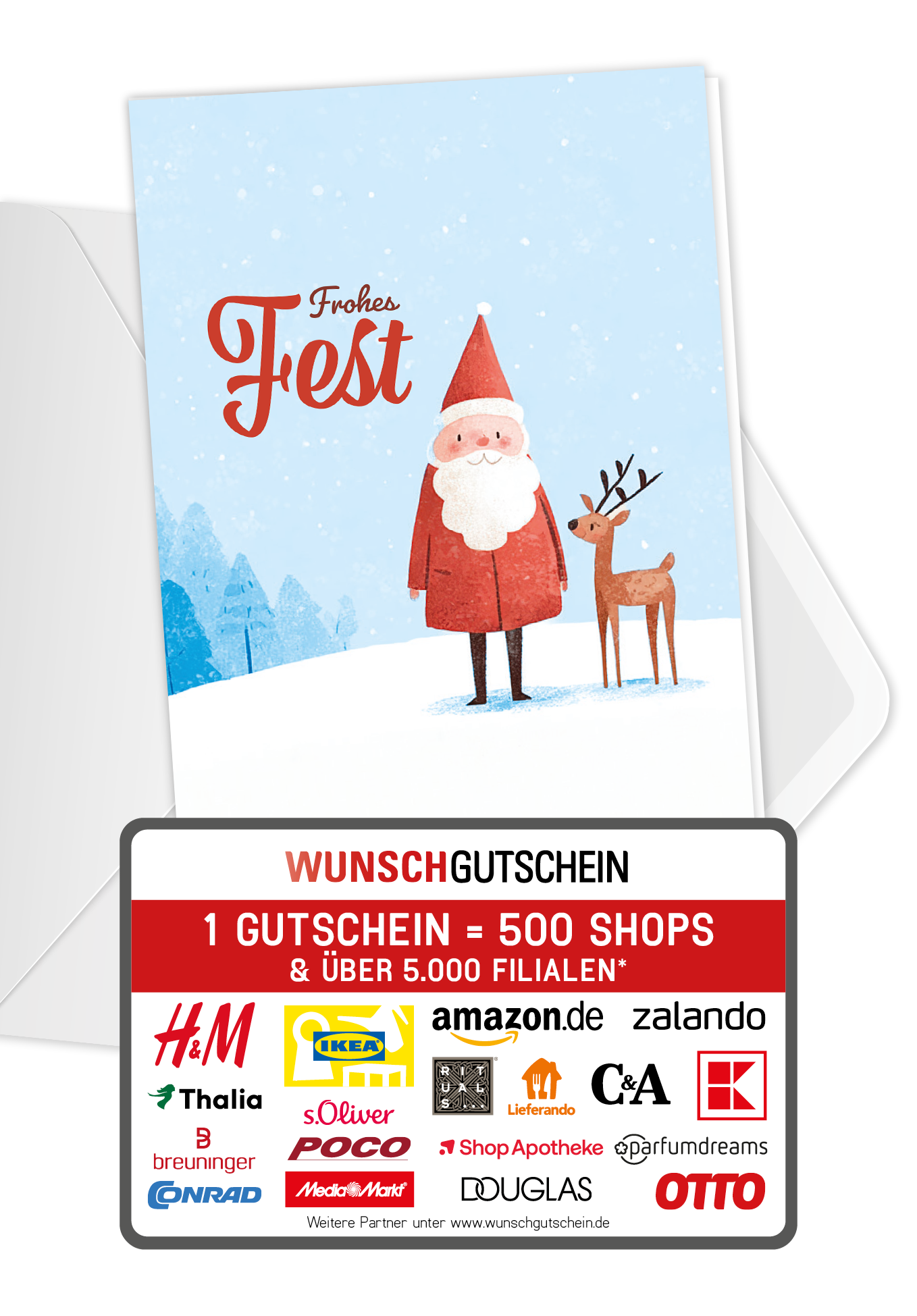 Wunschgutschein Frohes Fest - Weihnachtsmann Rentier PDF – Geschenkgutschein Ansicht 1