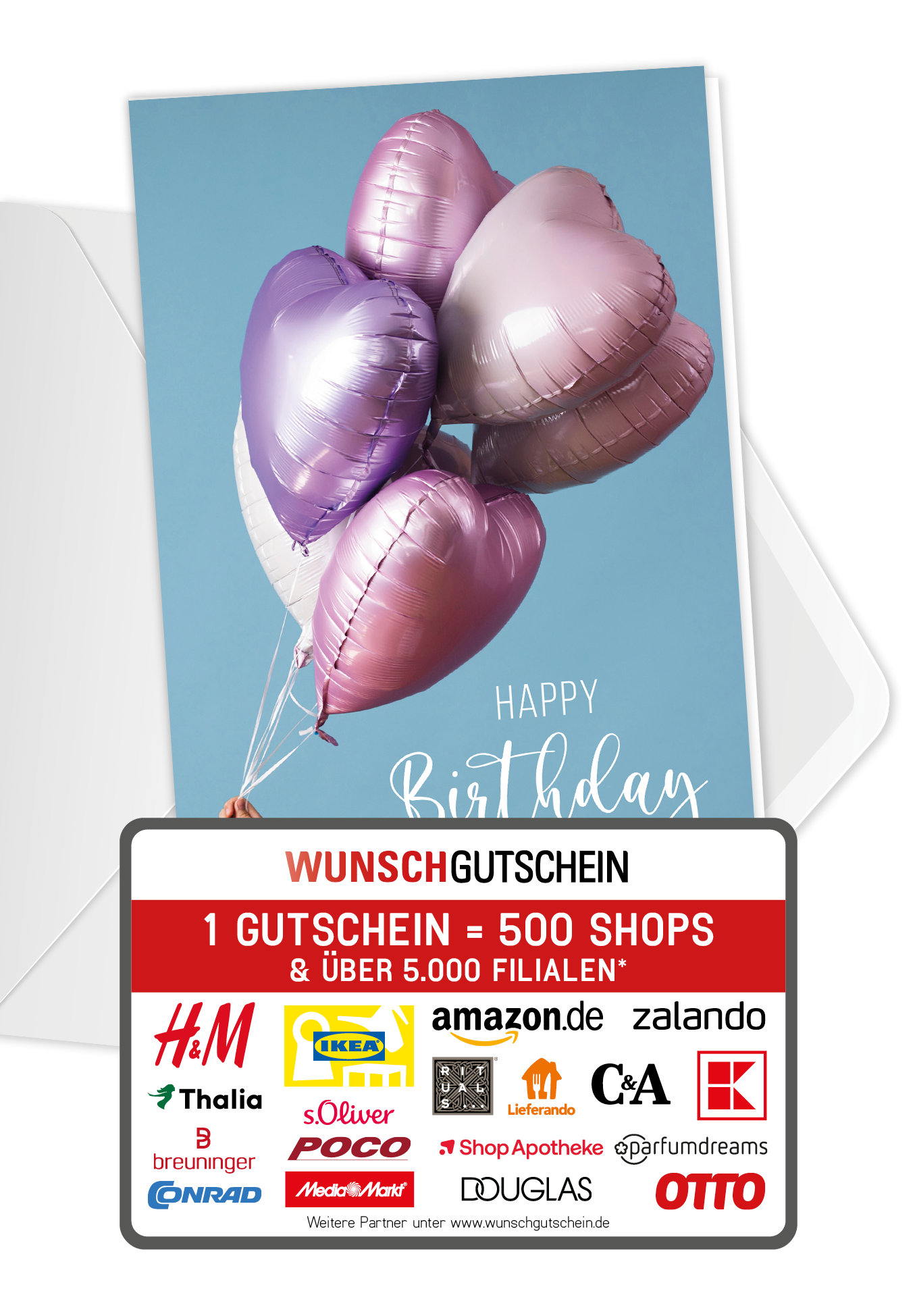 Wunschgutschein Happy Birthday - Herzen Ballons – Geschenkgutschein Ansicht 1