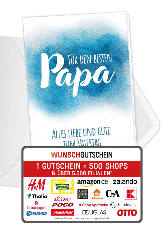 Wunschgutschein Für den besten Papa - Aquarell Blau – Geschenkgutschein Ansicht 1