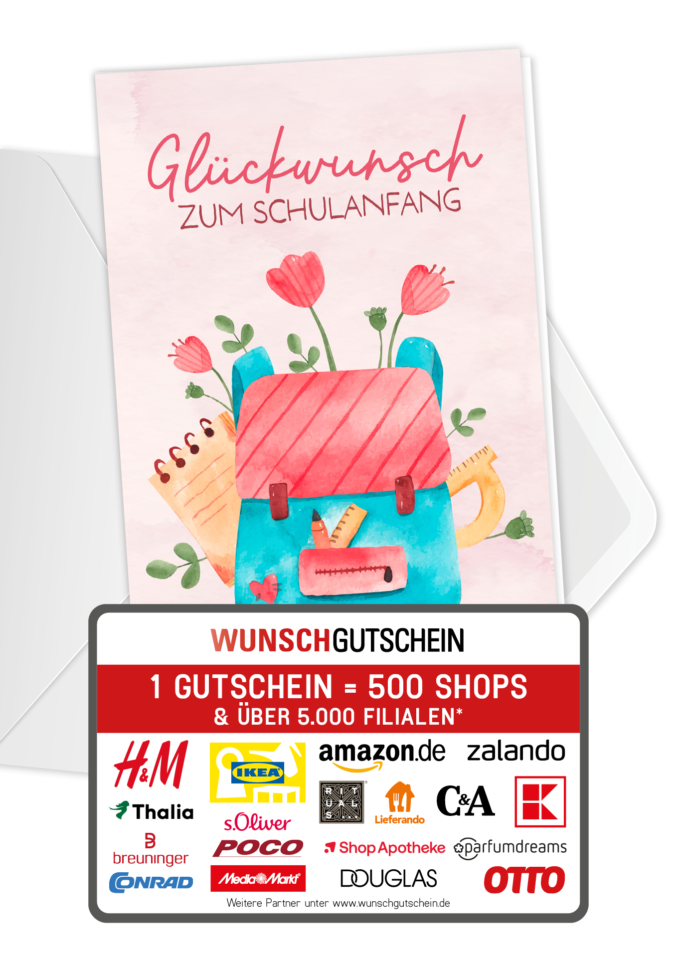 Wunschgutschein Glückwunsch Schulanfang - Rucksack mit Blumen – Geschenkgutschein Ansicht 1