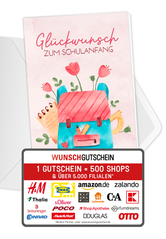 Wunschgutschein Glückwunsch Schulanfang - Rucksack mit Blumen – Geschenkgutschein Ansicht 1