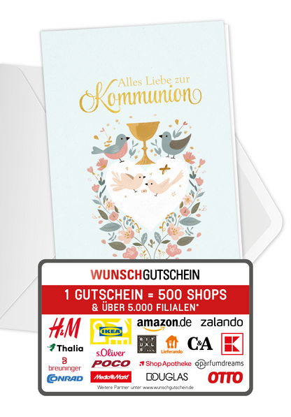 Wunschgutschein Alles Liebe zur Kommunion - Vögel Blumen PDF – Geschenkgutschein Ansicht 1