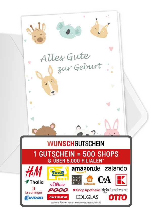 Wunschgutschein Alles Gute zur Geburt - Tiere PDF – Geschenkgutschein Ansicht 1