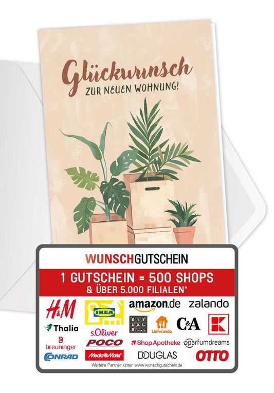 Wunschgutschein Glückwunsch zur neuen Wohnung - Kartons und Pflanzen – Geschenkgutschein Ansicht 1