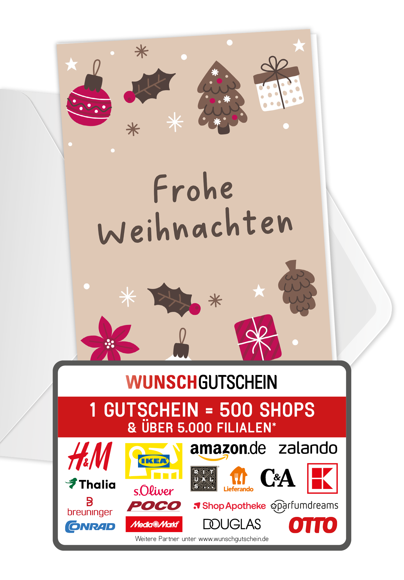 Wunschgutschein Frohe Weihnachten - Ornamente Beige – Geschenkgutschein Ansicht 1
