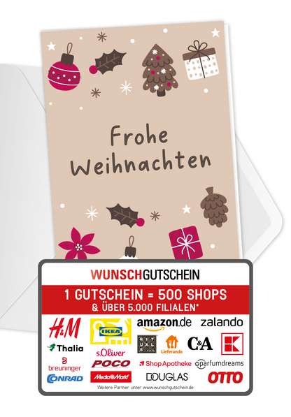 Wunschgutschein Frohe Weihnachten - Ornamente Beige – Geschenkgutschein Ansicht 1