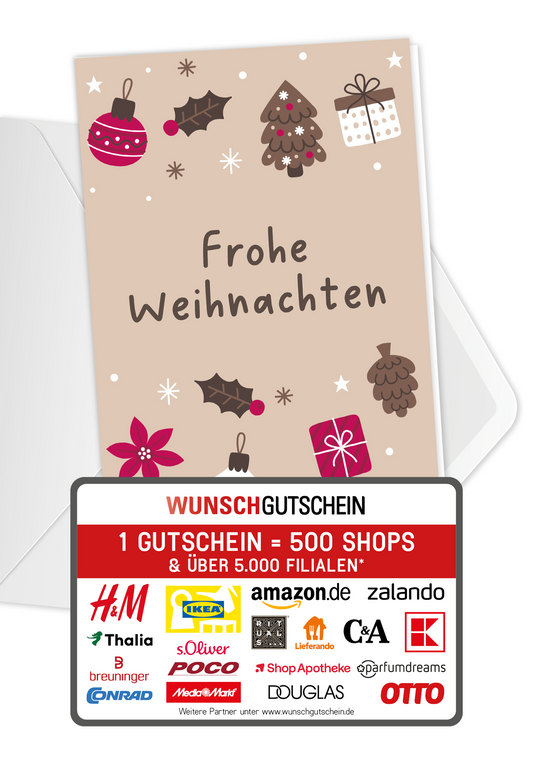 Wunschgutschein Frohe Weihnachten - Ornamente Beige – Geschenkgutschein Ansicht 1