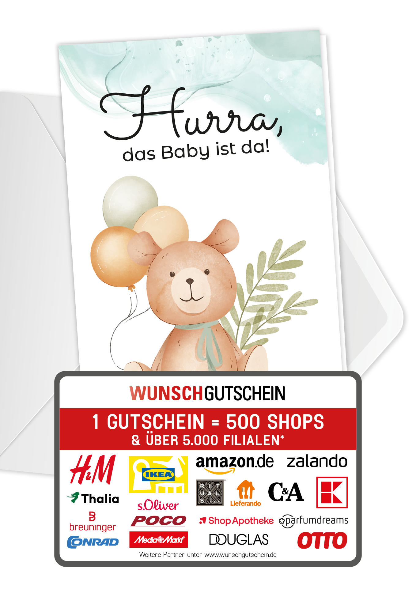 Wunschgutschein Hurra Baby da - Bär Ballons – Geschenkgutschein Ansicht 1