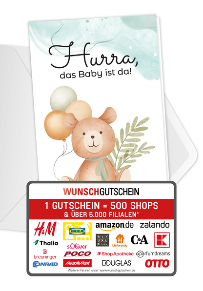 Wunschgutschein Hurra Baby da - Bär Ballons – Geschenkgutschein Ansicht 1