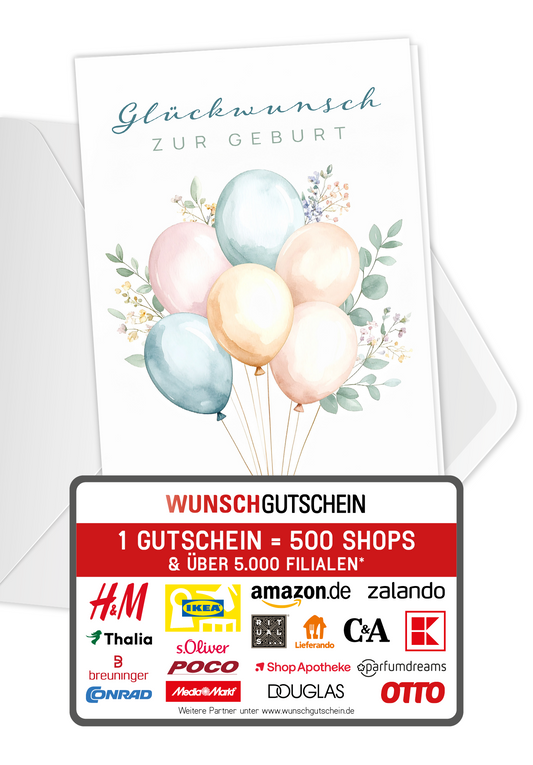Wunschgutschein Glückwunsch zur Geburt - Ballons – Geschenkgutschein Ansicht 1