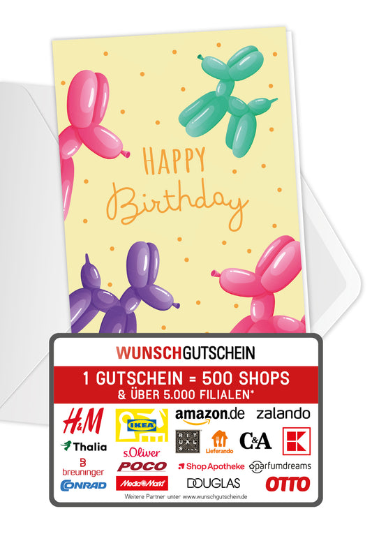 Wunschgutschein Happy Birthday - Ballonhunde Gelb – Geschenkgutschein Ansicht 1