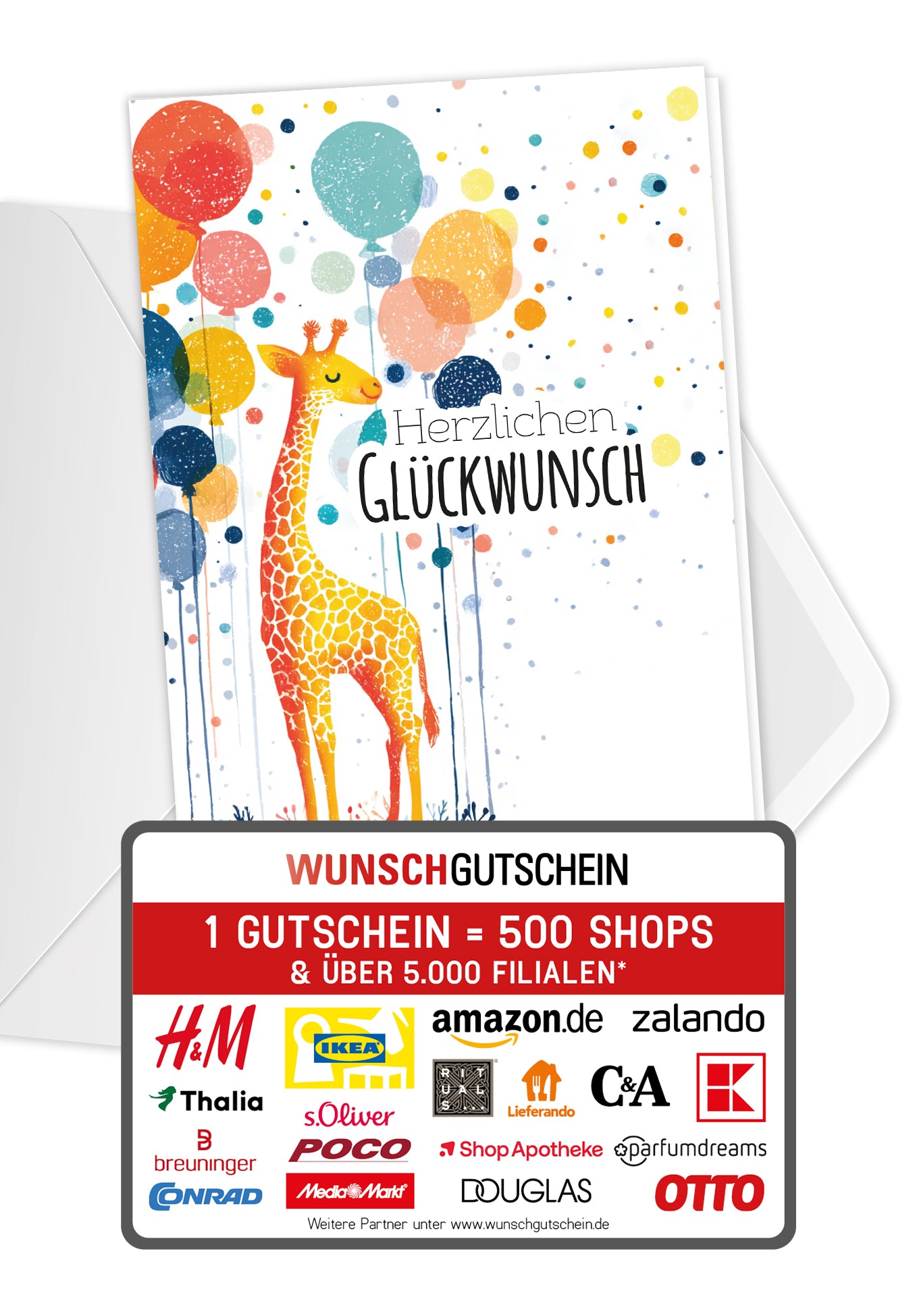 Wunschgutschein Herzlichen Glückwunsch - Giraffe und Ballons PDF – Geschenkgutschein Ansicht 1
