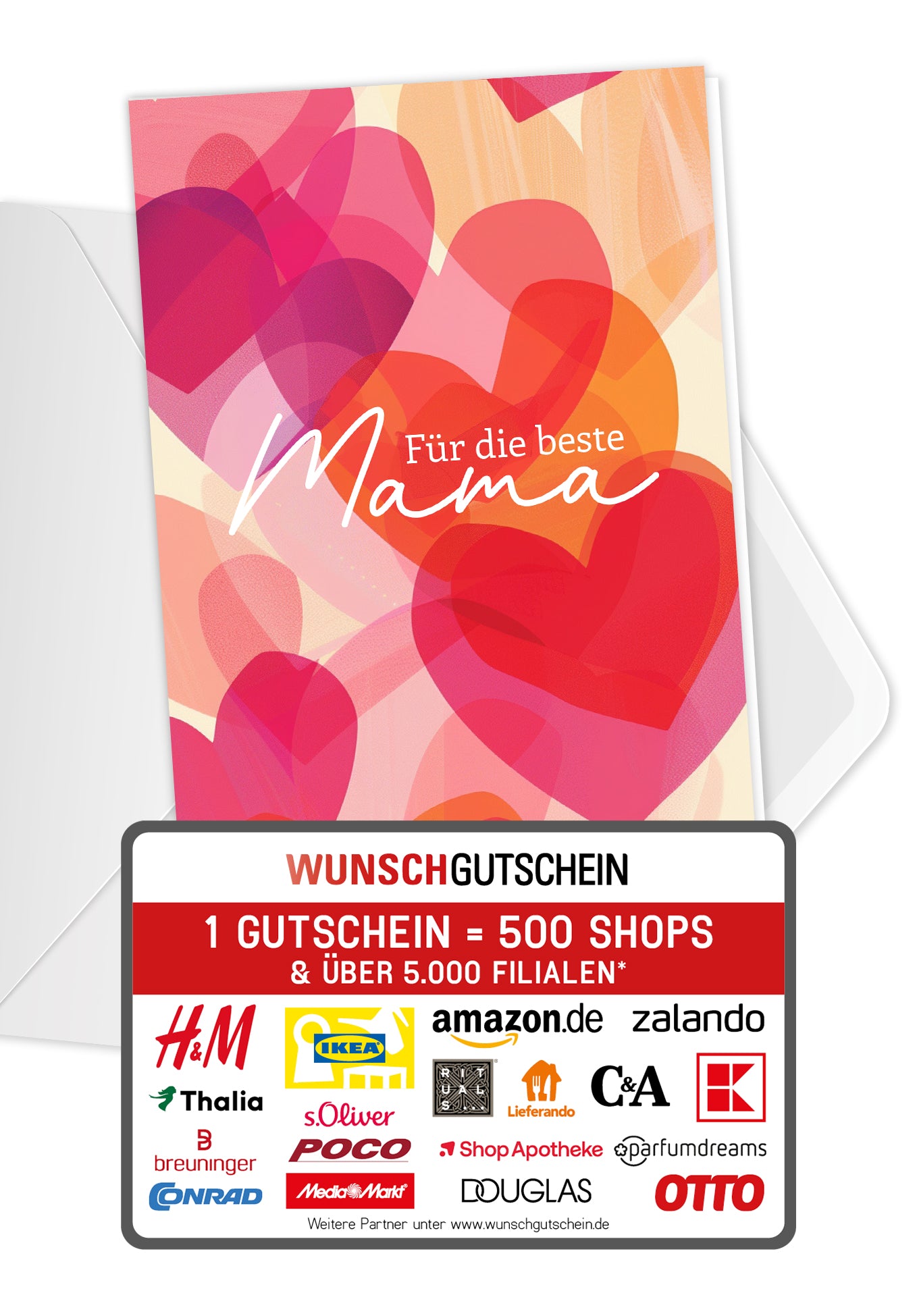 Wunschgutschein Für die beste Mama - Herzen Pink Orange PDF – Geschenkgutschein Ansicht 1