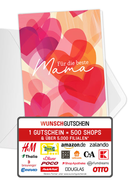 Wunschgutschein Für die beste Mama - Herzen Pink Orange PDF – Geschenkgutschein Ansicht 1