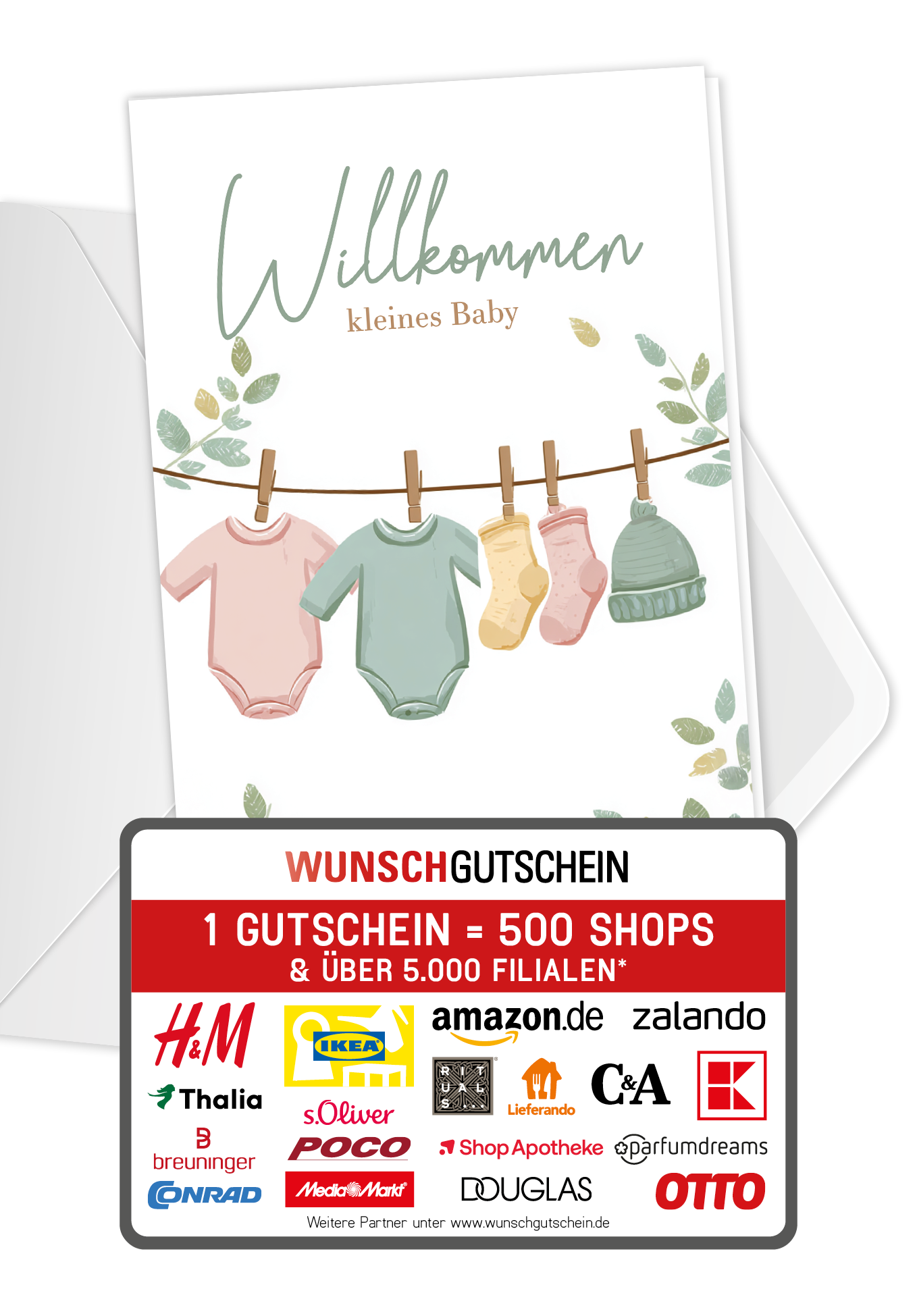 Wunschgutschein Willkommen kleines Baby - Wäscheleine Grün PDF – Geschenkgutschein Ansicht 1