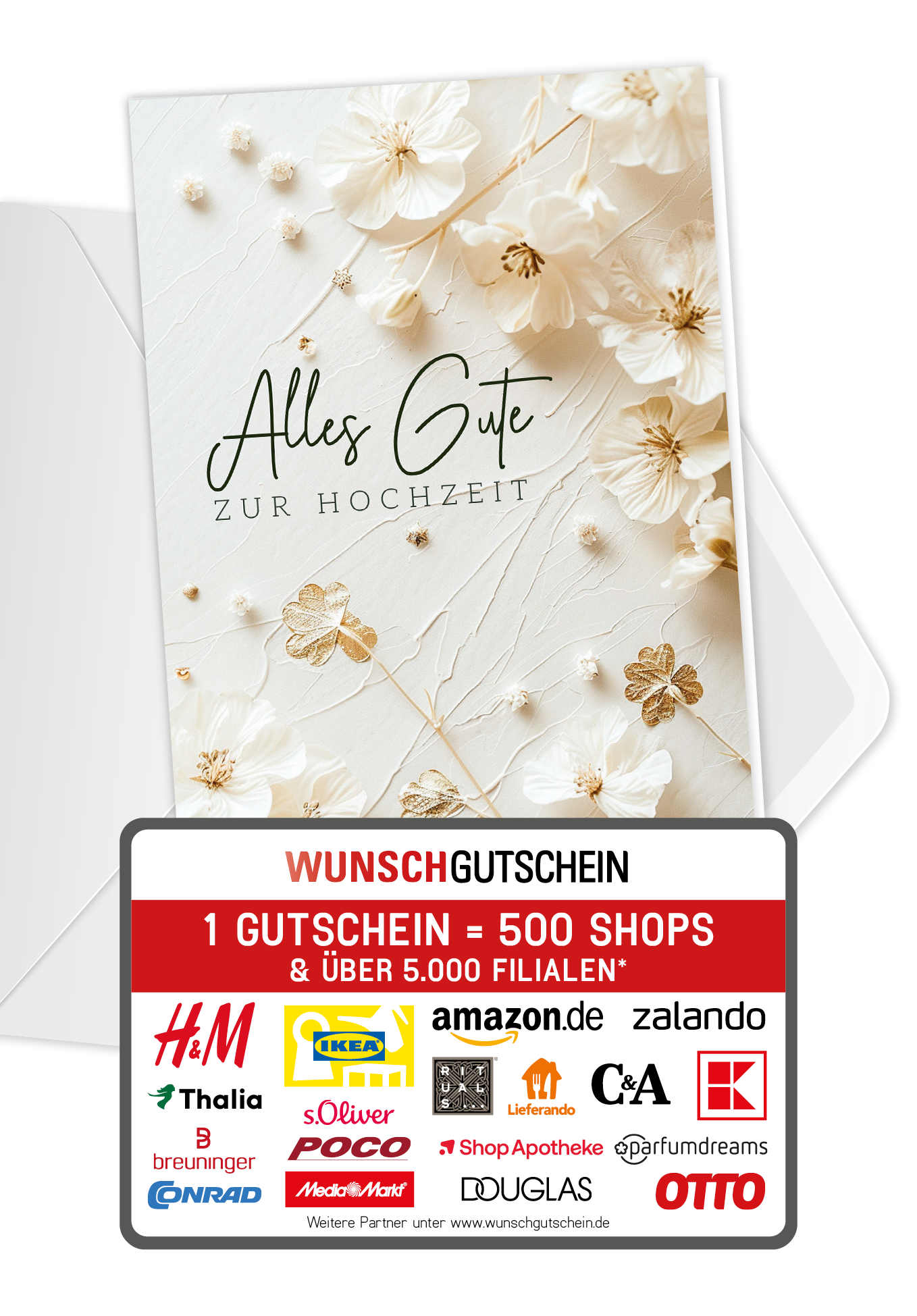 Wunschgutschein Alles Gute zur Hochzeit - Blumen Weiss – Geschenkgutschein Ansicht 1