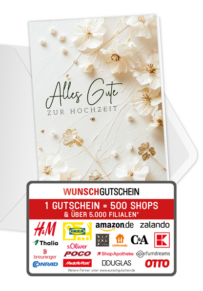 Wunschgutschein Alles Gute zur Hochzeit - Blumen Weiss – Geschenkgutschein Ansicht 1