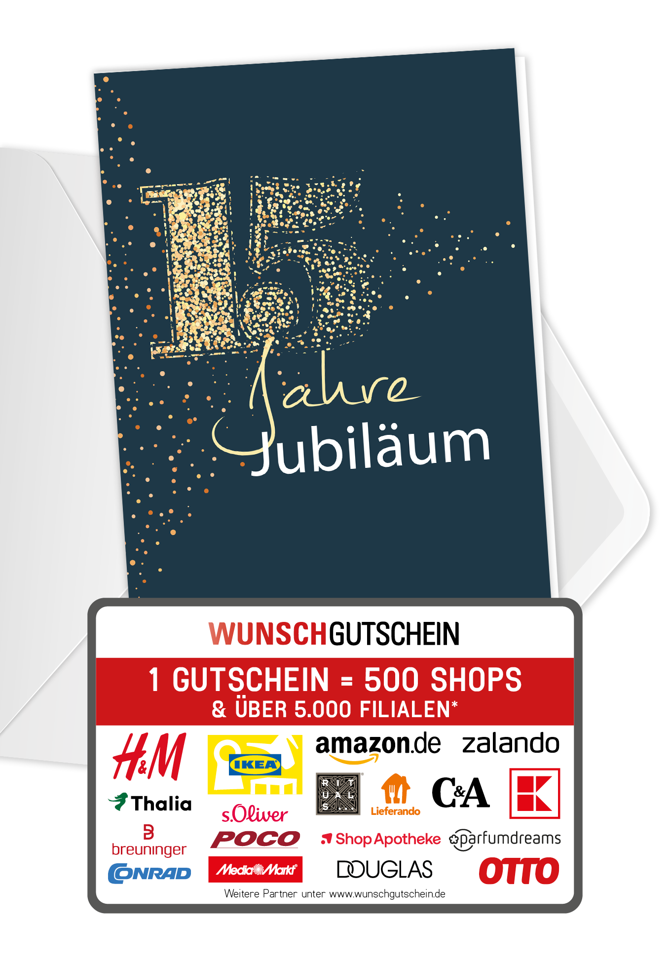 Wunschgutschein 15 Jahre Jubiläum - Blau Gold – Geschenkgutschein Ansicht 1