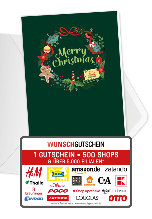 Wunschgutschein Merry Christmas - Kranz Grün – Geschenkgutschein Ansicht 1
