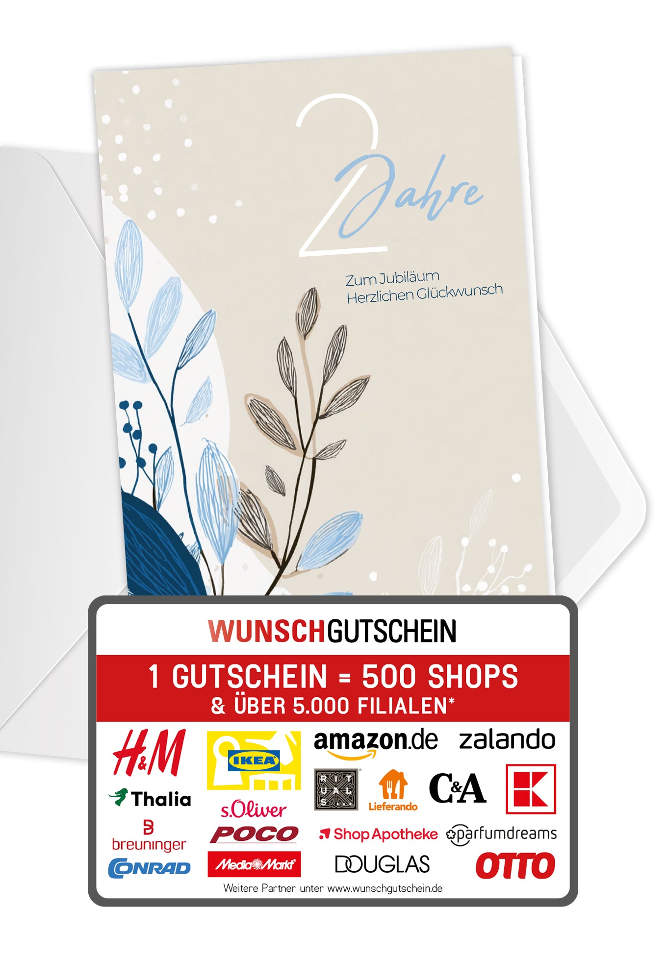 Wunschgutschein 2 Jahre - Blätter Beige - Blau – Geschenkgutschein Ansicht 1