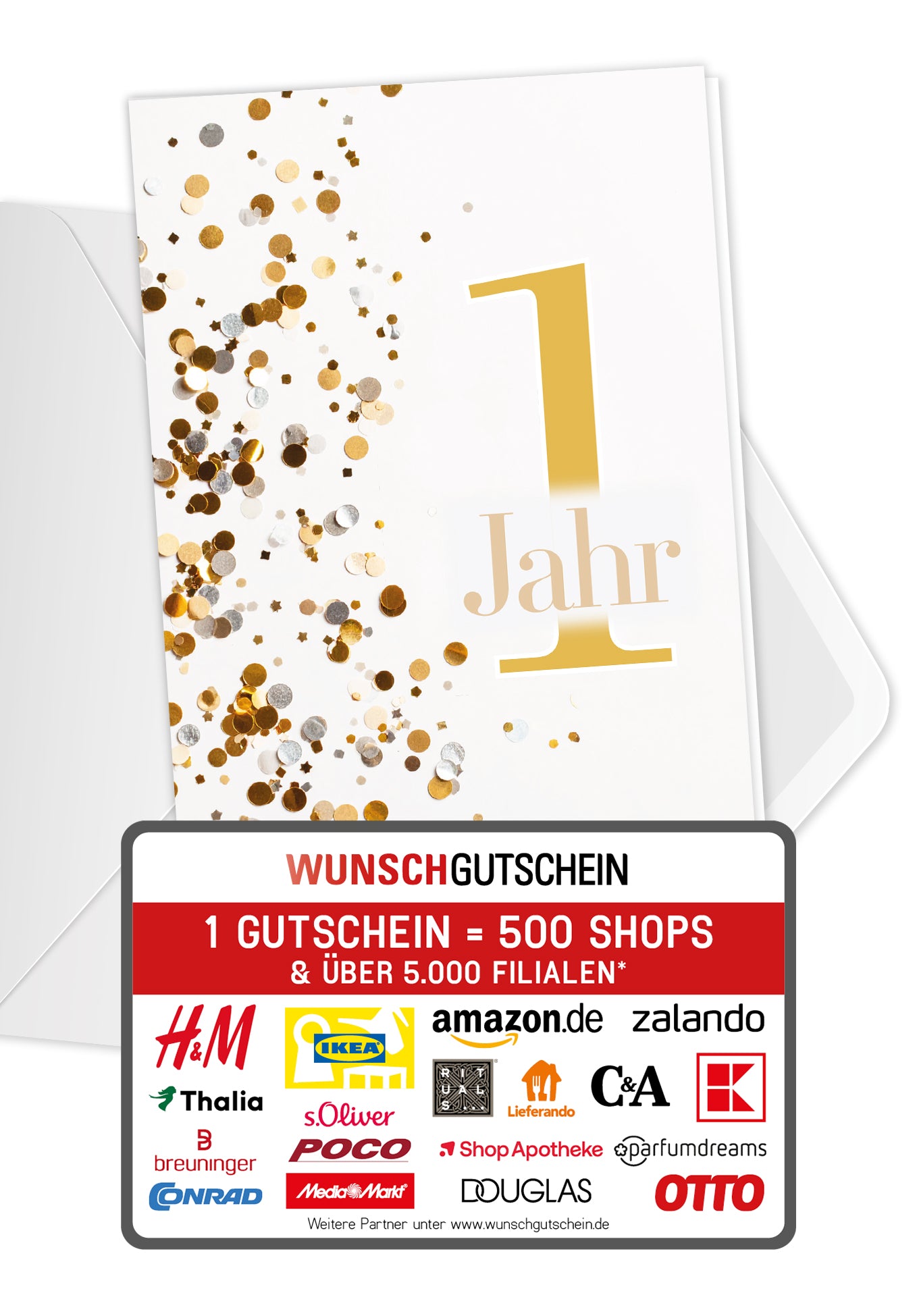 Wunschgutschein 1 Jahr - Konfetti Gold PDF – Geschenkgutschein Ansicht 1