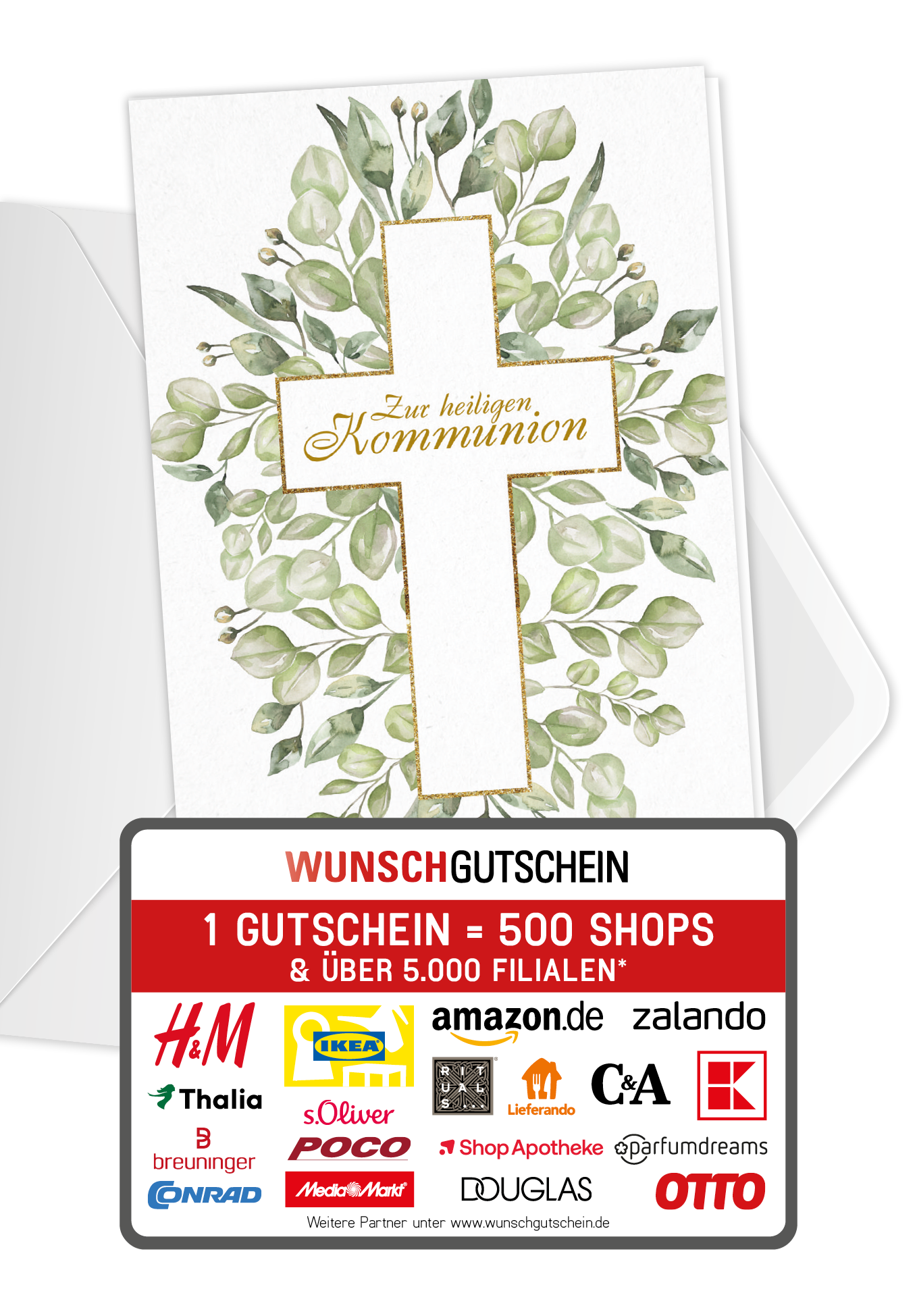 Wunschgutschein Zur heiligen Kommunion - Kreuz Blätter PDF – Geschenkgutschein Ansicht 1