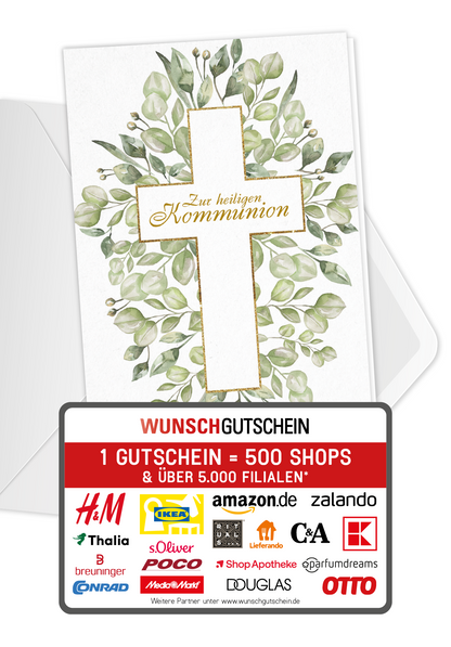 Wunschgutschein Zur heiligen Kommunion - Kreuz Blätter PDF – Geschenkgutschein Ansicht 1