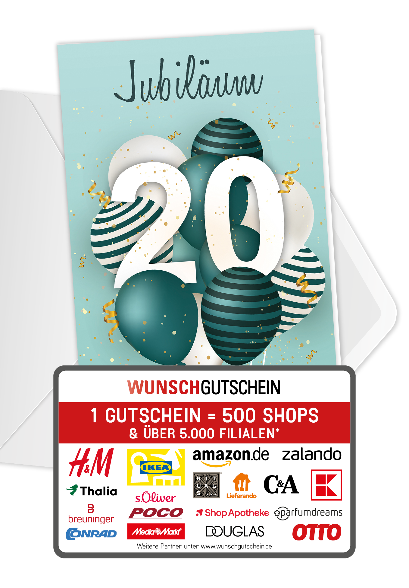 Wunschgutschein 20 Jahre Jubiläum - Ballons Grün – Geschenkgutschein Ansicht 1