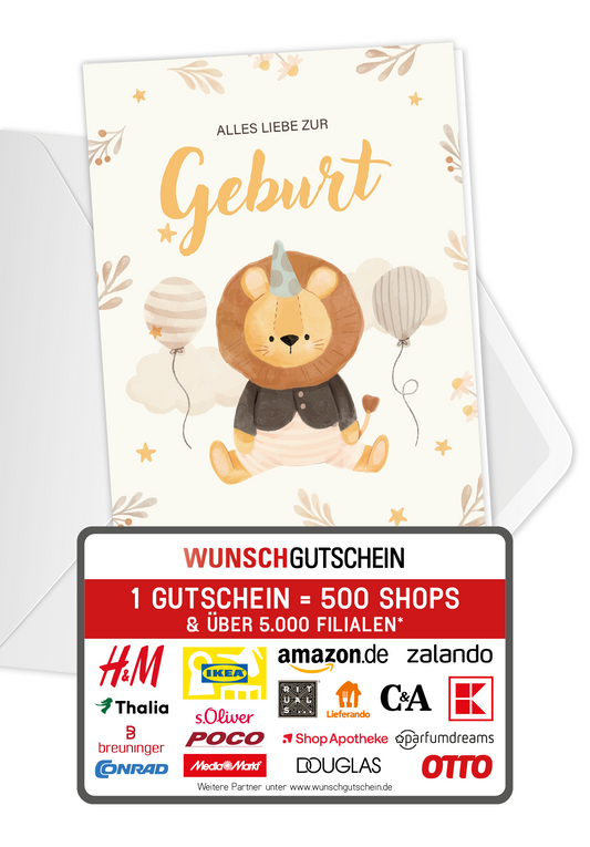Wunschgutschein Alles Liebe zur Geburt - Löwe Beige – Geschenkgutschein Ansicht 1