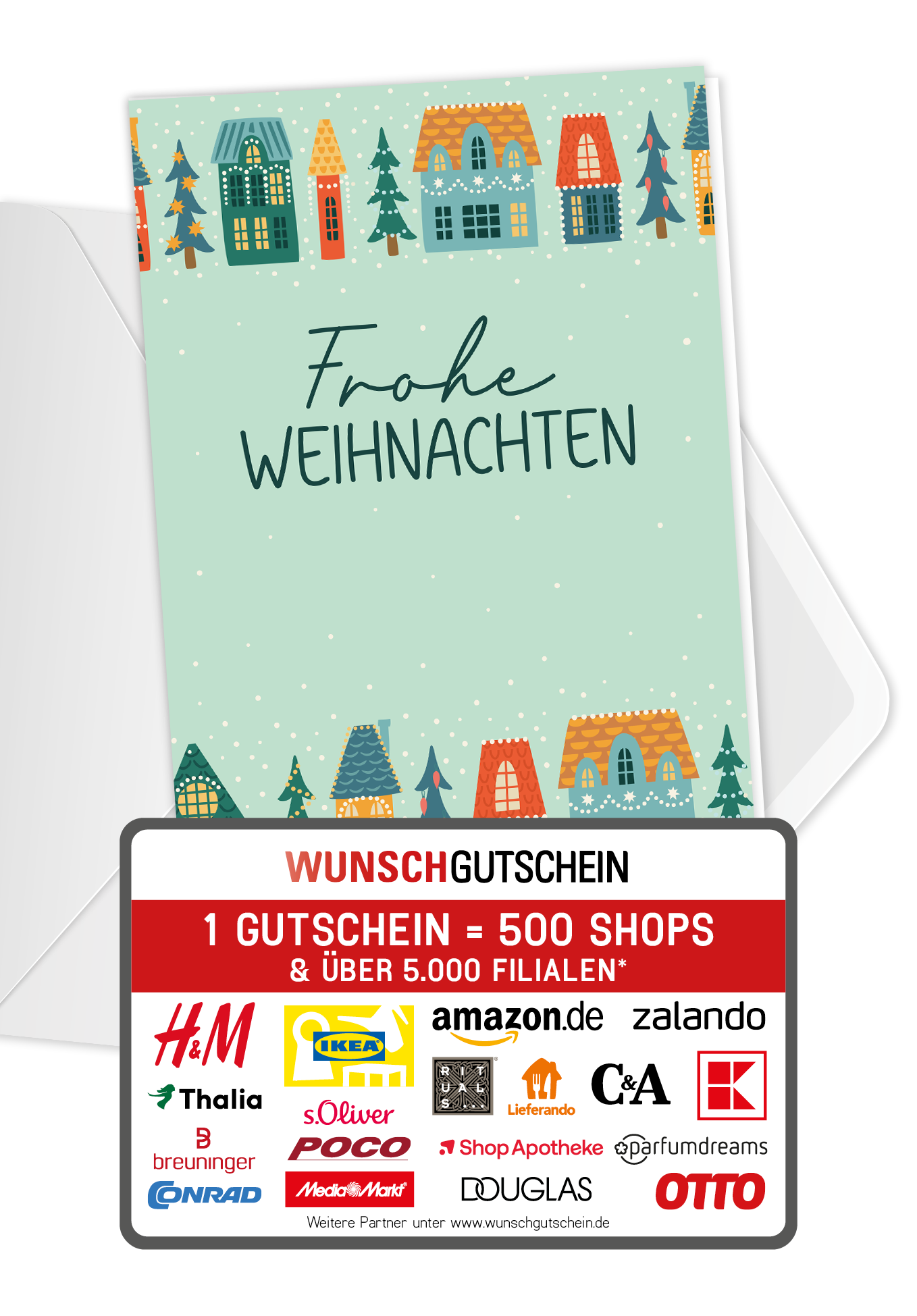 Wunschgutschein Frohe Weihnachten - Häuser – Geschenkgutschein Ansicht 1