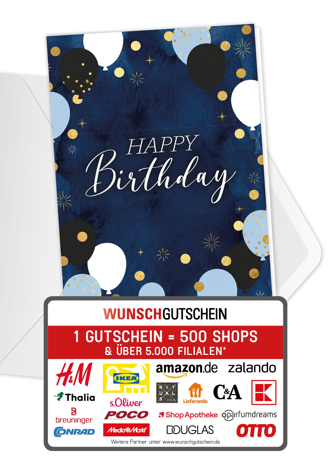 Wunschgutschein Happy Birthday - Ballons Punkte Gold – Geschenkgutschein Ansicht 1