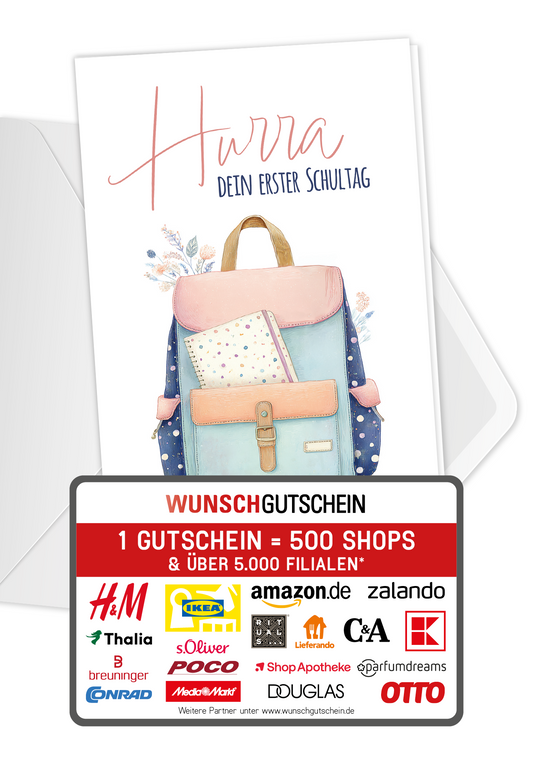 Wunschgutschein Hurra erster Schultag - Rucksack – Geschenkgutschein Ansicht 1