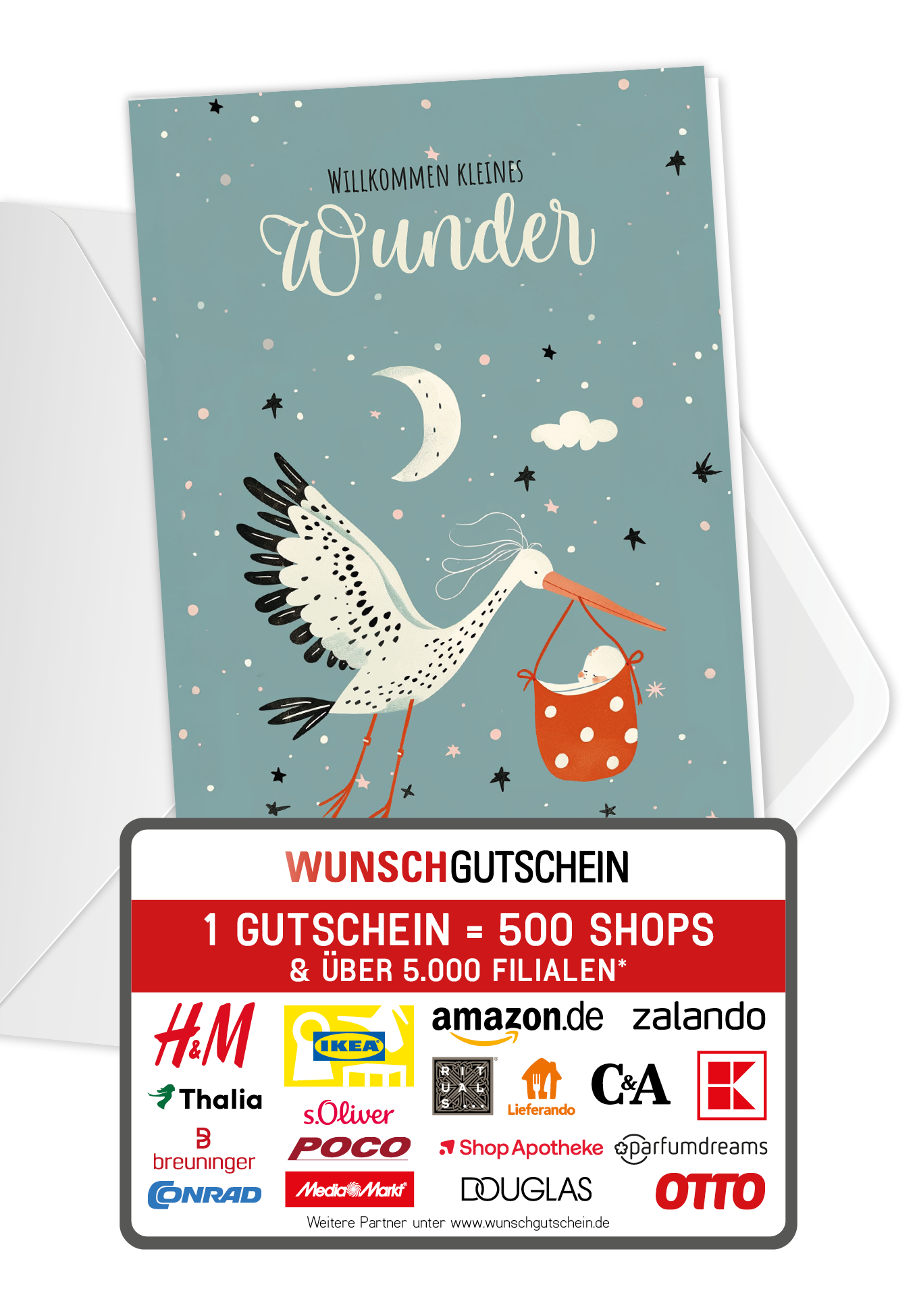 Wunschgutschein Willkommen kleines Wunder - Storch PDF – Geschenkgutschein Ansicht 1