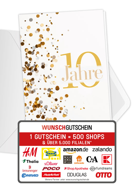 Wunschgutschein 10 Jahre - Konfetti Gold – Geschenkgutschein Ansicht 1
