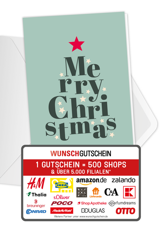 Wunschgutschein Merry Christmas - Buchstaben Tannenbaum – Geschenkgutschein Ansicht 1